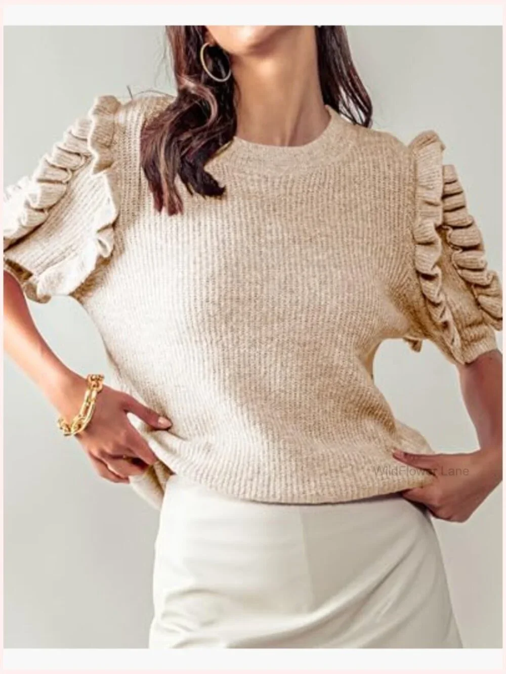 Ruffle Sleeve Sweater Crew Neck Ribbed Knit Pullover Trendy Blouse